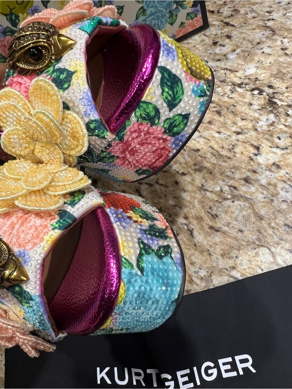 Kurt Geiger KENSINGTON Metallic Fuchsia Floral Beaded Platform Sandals 37 - Picture 10 of 16
